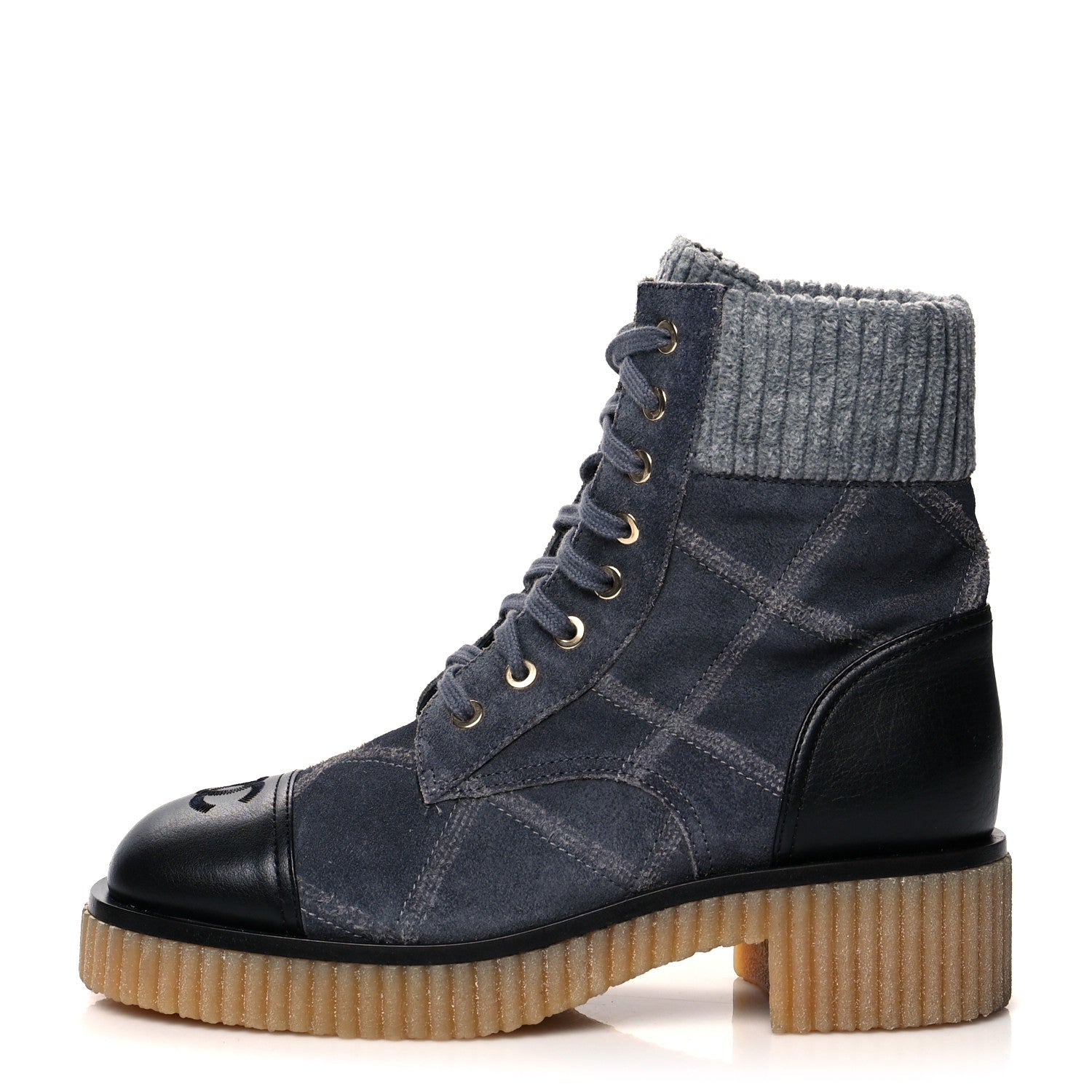 Chanel Suede Calfskin Velvet Quilted CC Combat Boots 36.5 Dark Grey 1 of 8