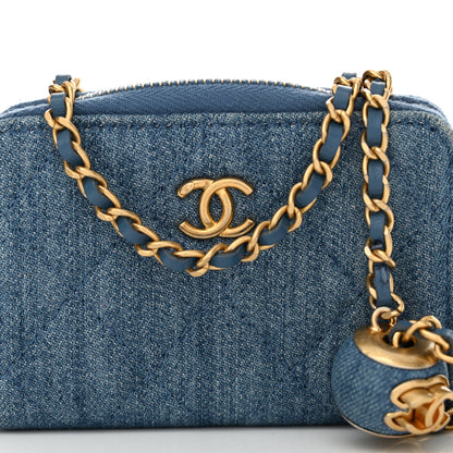 Chanel Denim Quilted CC Pearl Crush Zip Card Holder On Chain Blue 8 of 10