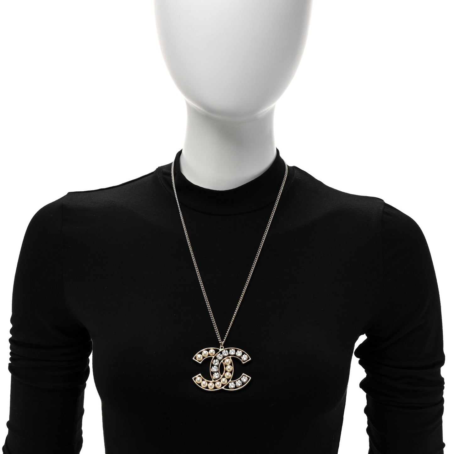 Crystal Pearl CC Pendant Necklace Gold