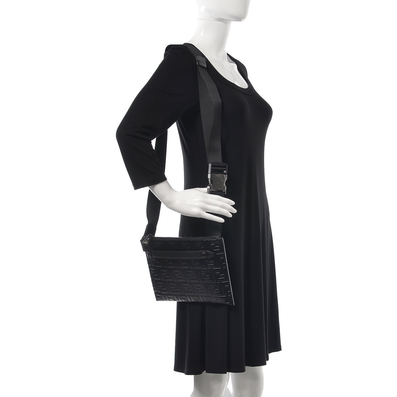 Fendi Vitello Century FF 1974 Embossed Messenger Black 2 of 7