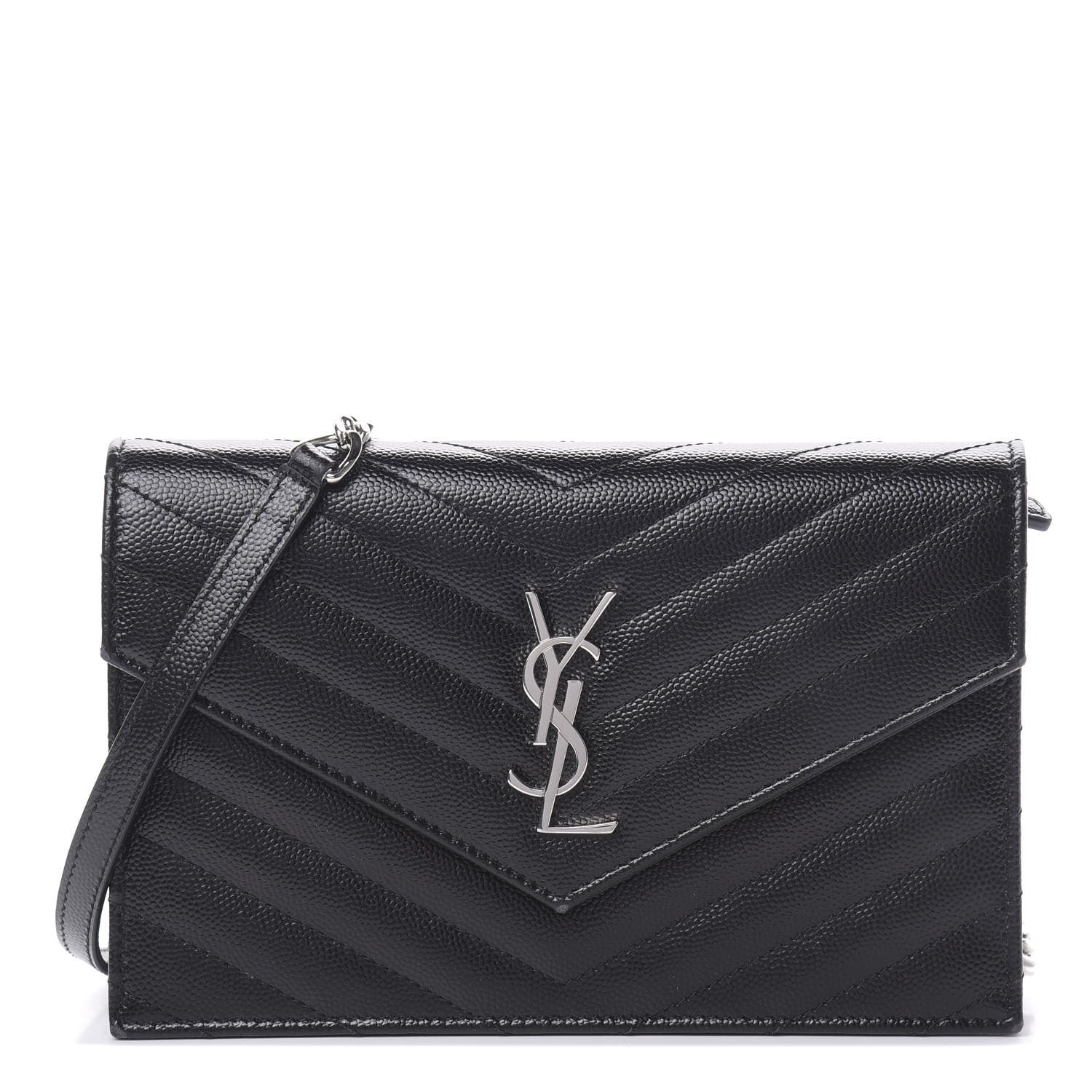Saint Laurent Grain De Poudre Matelasse Chevron Monogram Envelope Chain Wallet Black 1 of 13