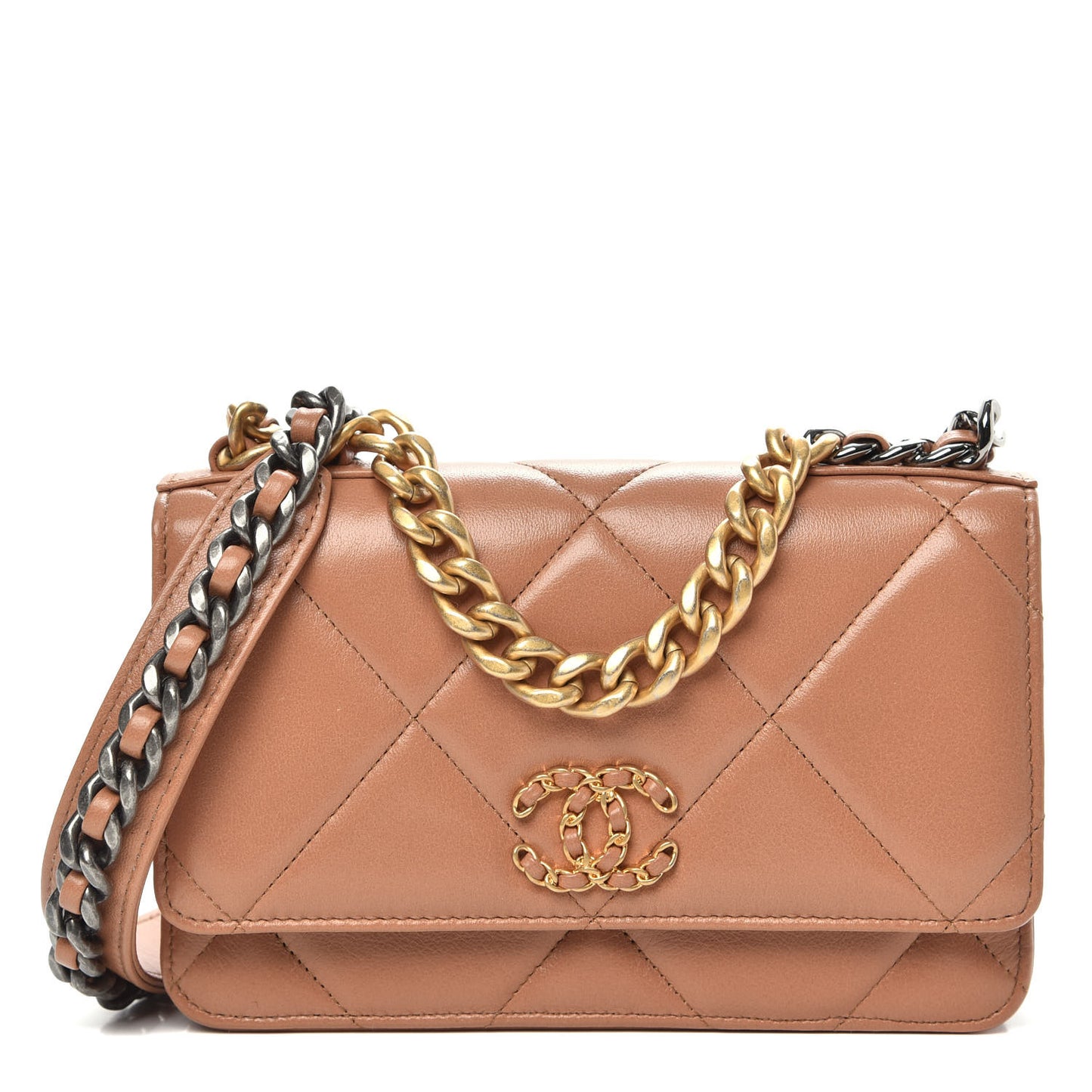Lambskin Quilted Chanel 19 Wallet On Chain WOC Brown