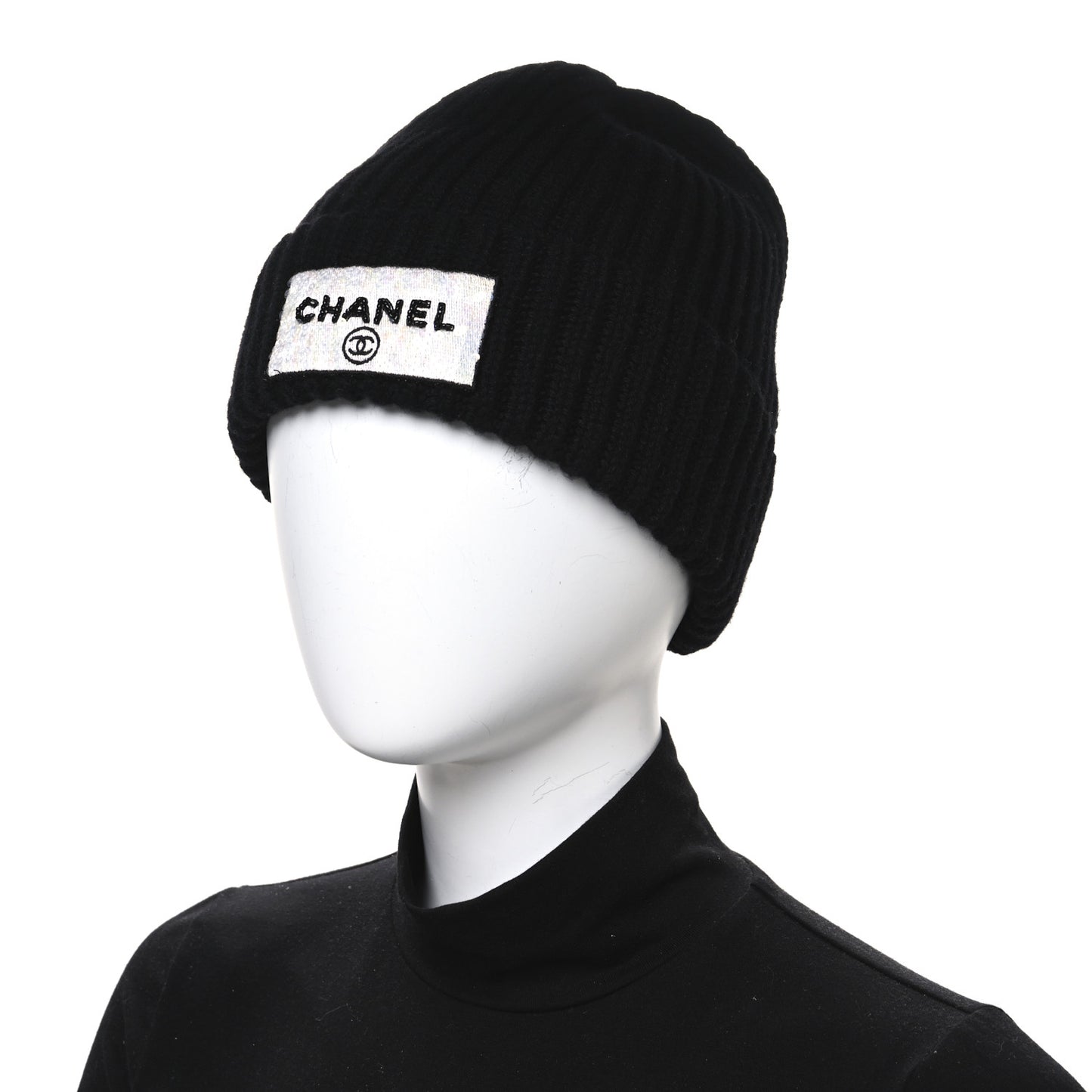 Cashmere Beaded Sequin Logo Beanie Hat Black