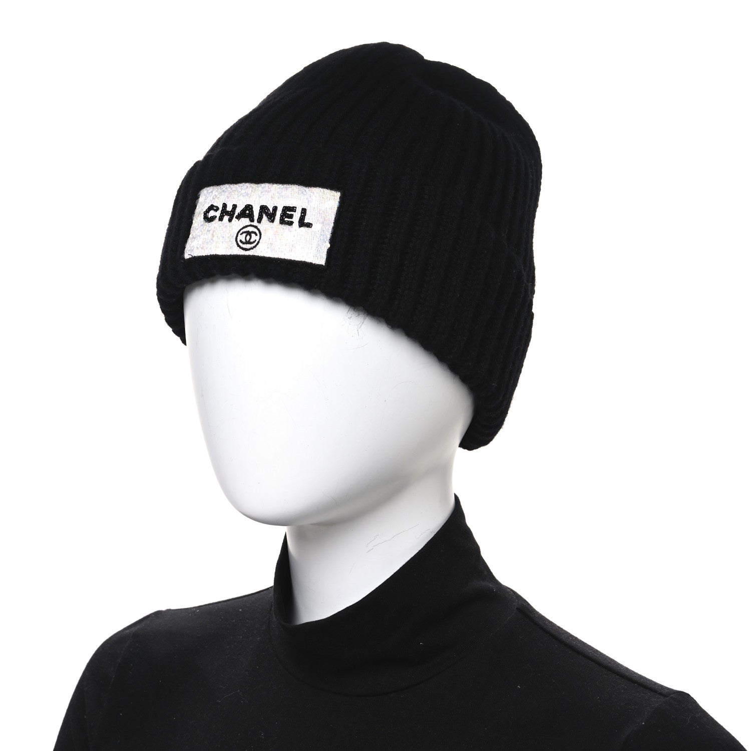 Chanel Cashmere Beaded Sequin Logo Beanie Hat Black 2 of 5