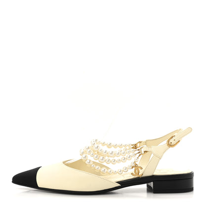 Chanel Lambskin Grosgrain Cap Toe Pearl Slingback 37 Ivory Black 1 of 10