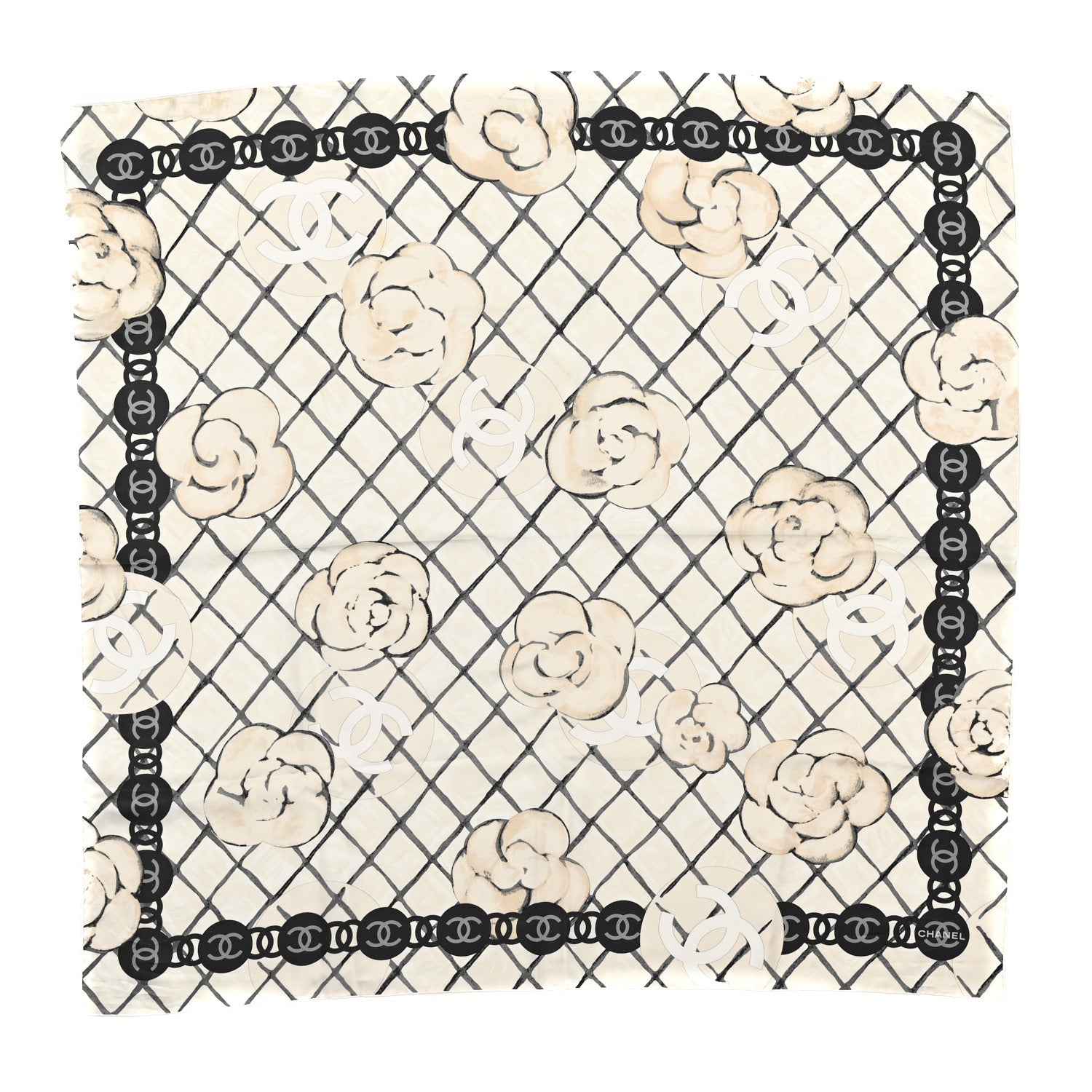 Chanel Silk CC Logo Camellia Scarf White Black 1 of 3