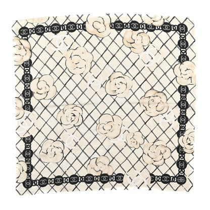 Chanel Silk CC Logo Camellia Scarf White Black 1 of 3