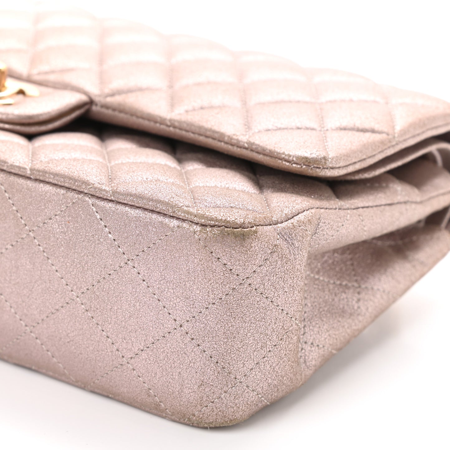 Iridescent Calfskin Quilted Medium Double Flap Light Pink