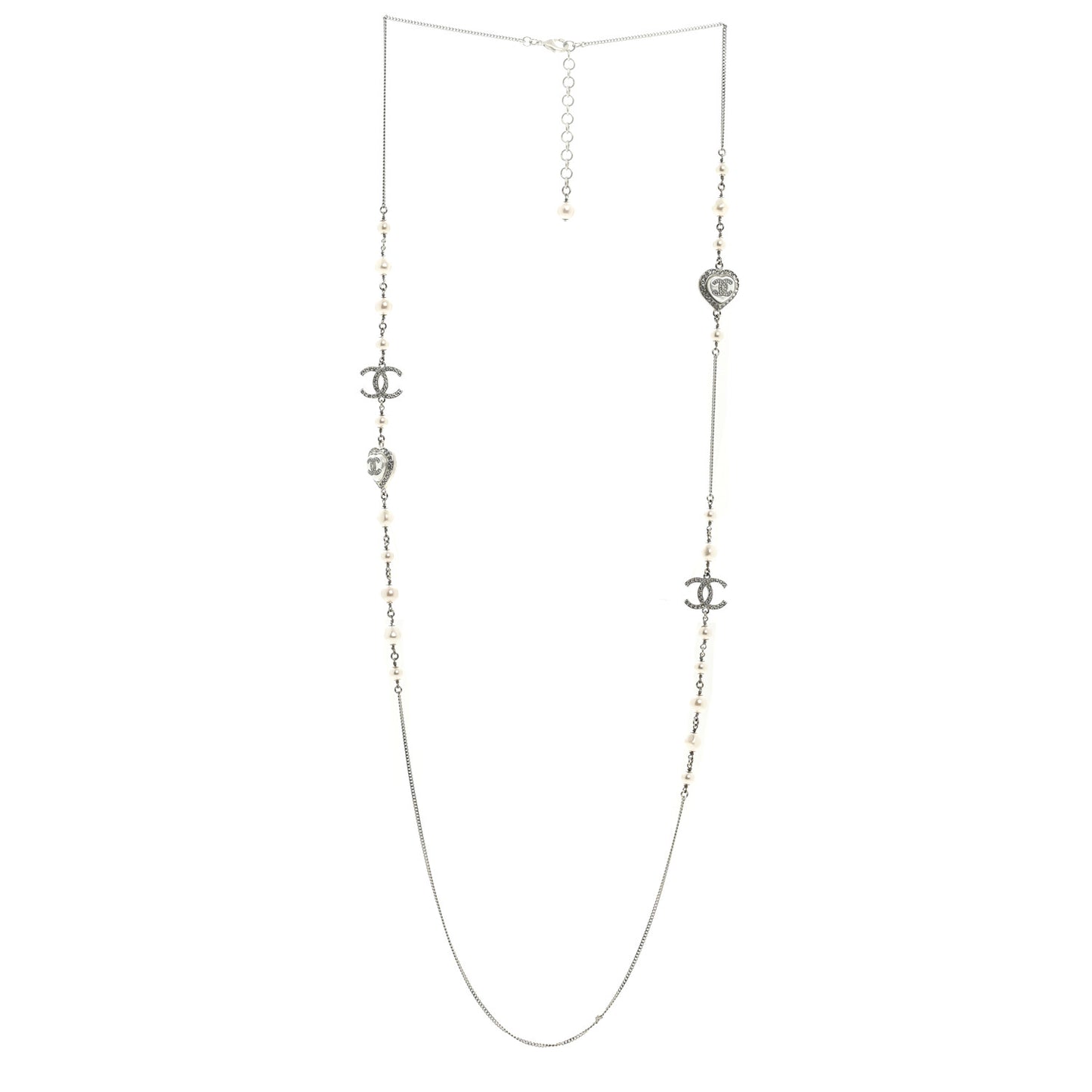 Crystal Pearl CC Heart Long Necklace Silver