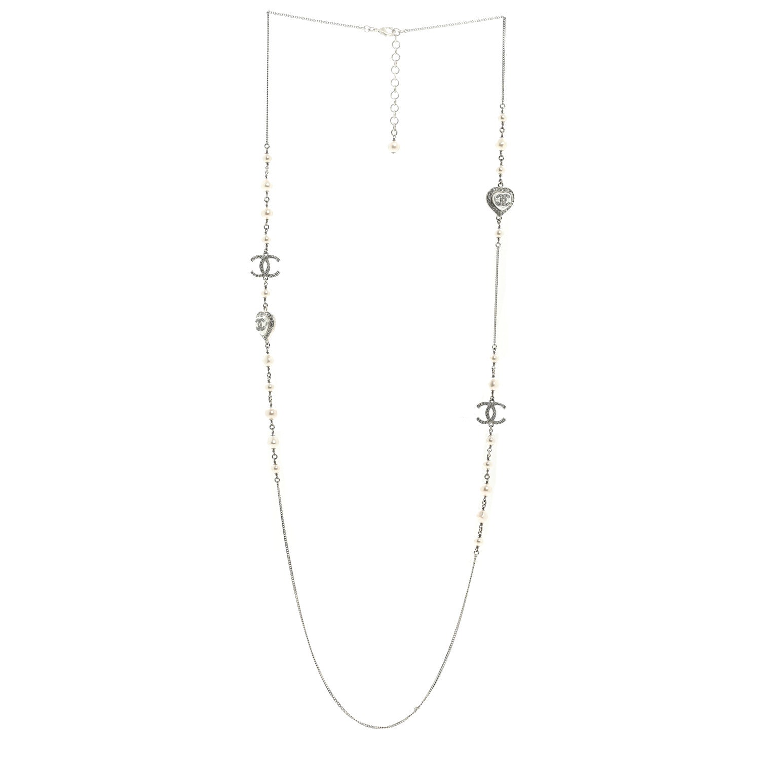Chanel Crystal Pearl CC Heart Long Necklace Silver 3 of 5
