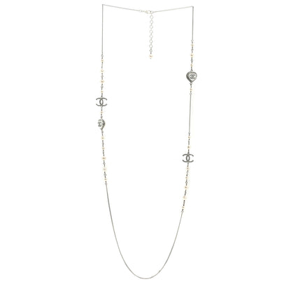 Chanel Crystal Pearl CC Heart Long Necklace Silver 3 of 5