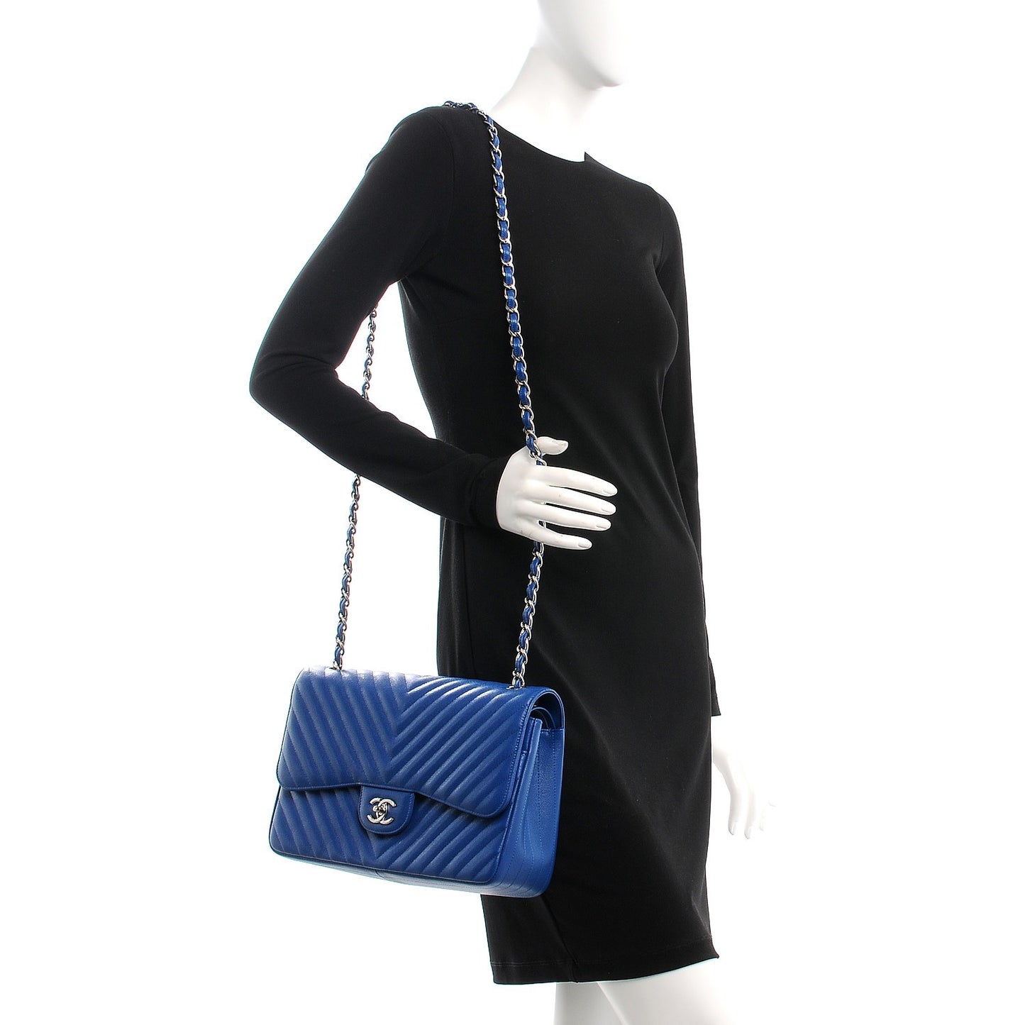 Caviar Chevron Quilted Jumbo Double Flap Blue