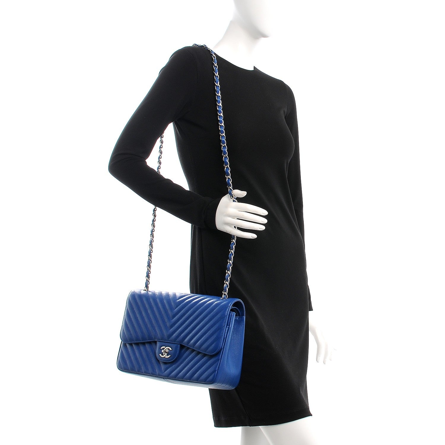 Chanel Caviar Chevron Quilted Jumbo Double Flap Blue 2 of 9