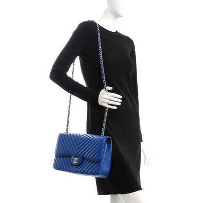 Chanel Caviar Chevron Quilted Jumbo Double Flap Blue 2 of 9