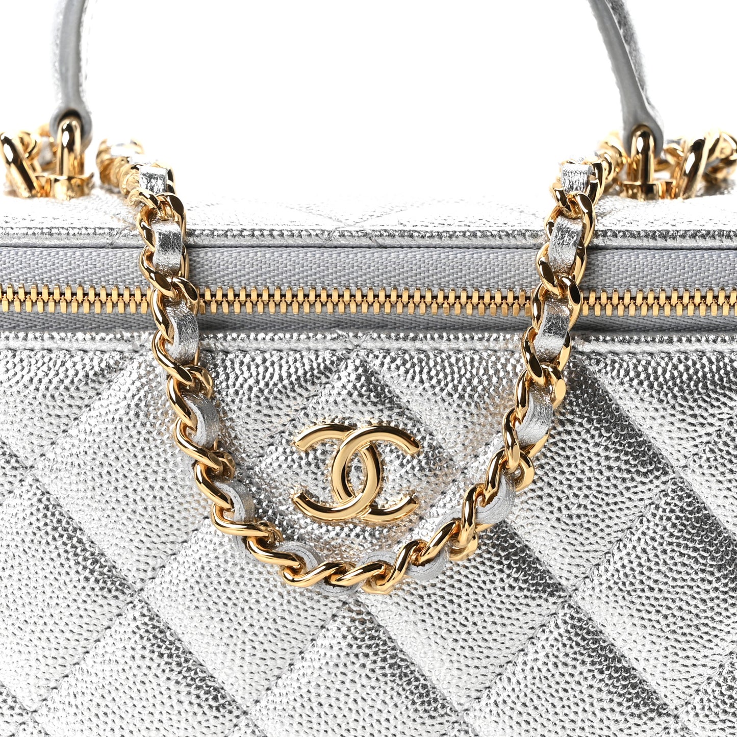 Metallic Caviar Quilted Top Handle Slim Vanity Case With Chain Silver