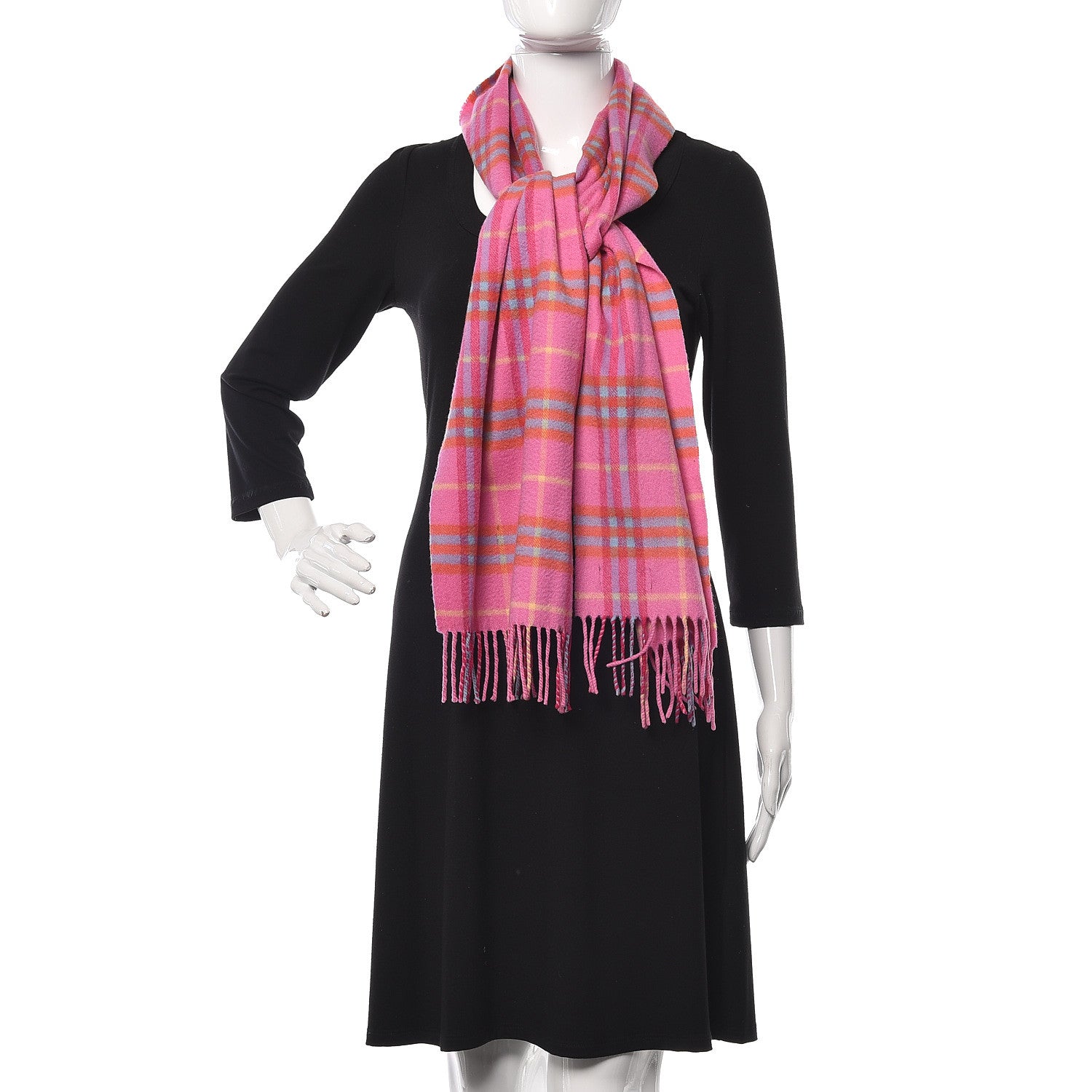 Burberry Cashmere Vintage Check Fringe Scarf Bright Pink 2 of 4