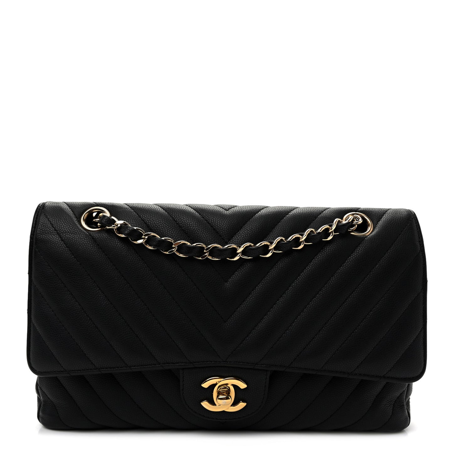 Matte Caviar Chevron Quilted Medium Double Flap Black