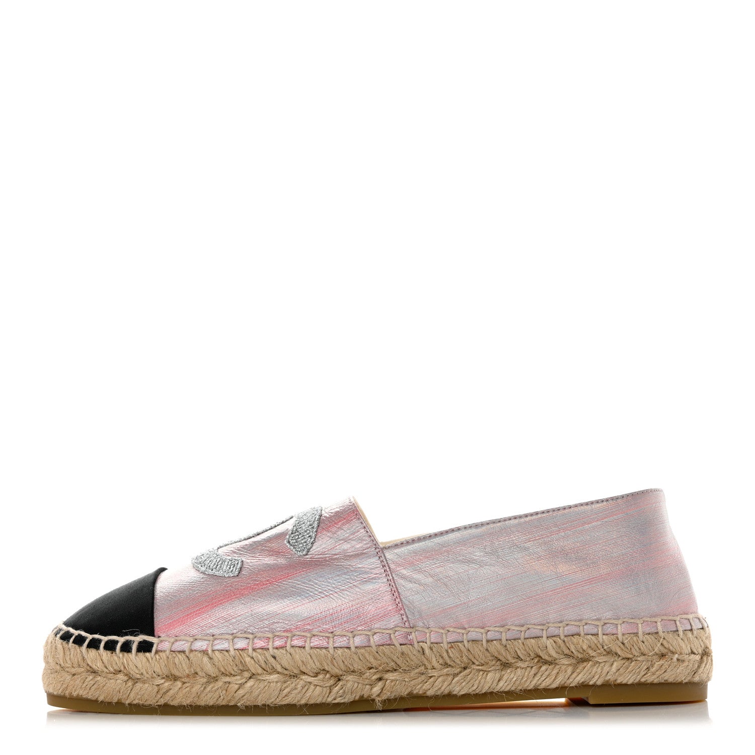 Chanel Laminated Lambskin Grosgrain Embroidered CC Espadrilles 40 Pink Silver Black 1 of 9