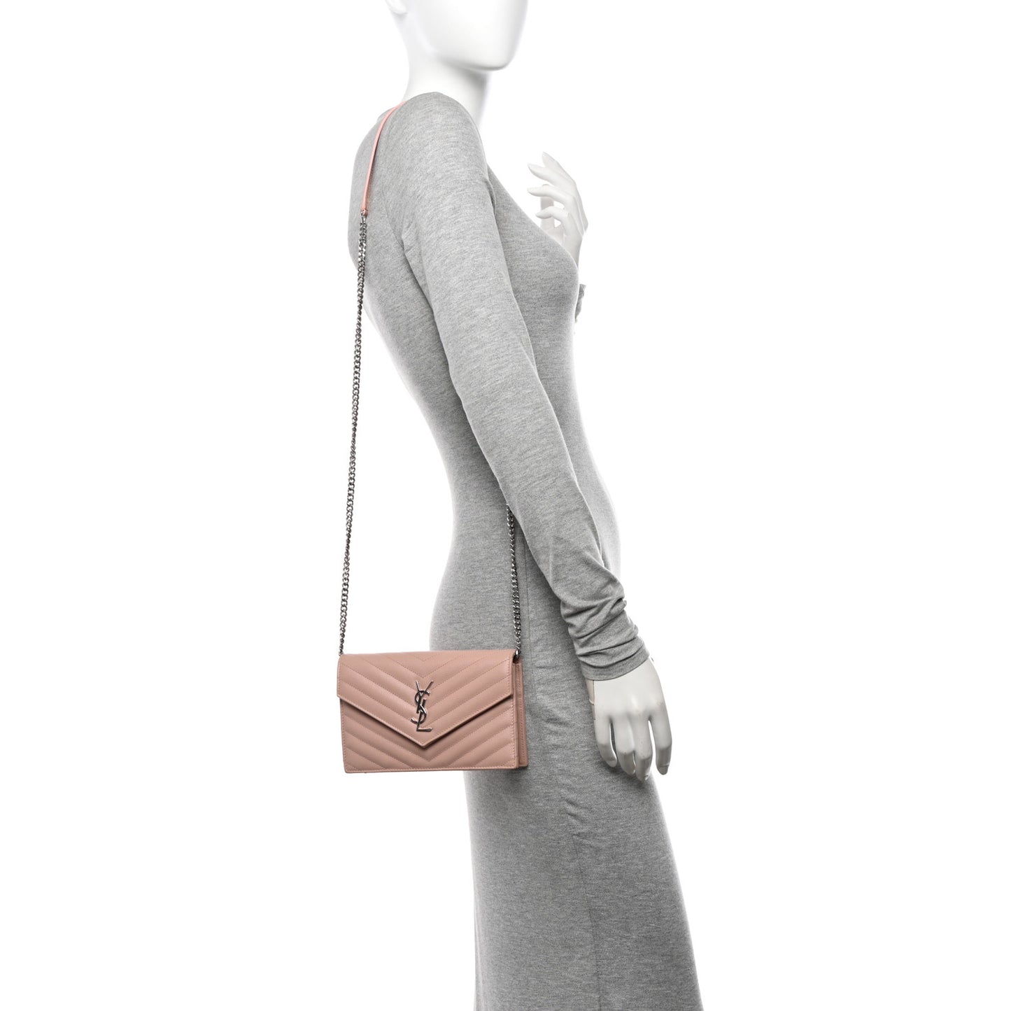 Grain De Poudre Matelasse Chevron Monogram Envelope Chain Wallet Pale Pink