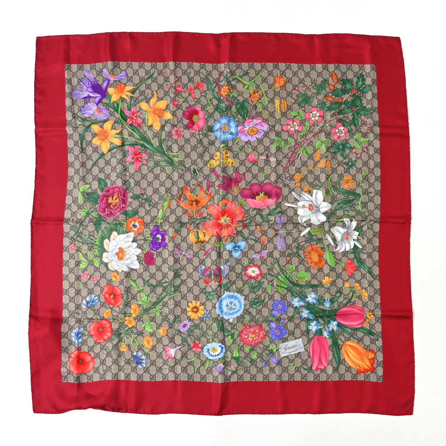 Silk Twill GG Monogram Special Florio Square Scarf Beige Red