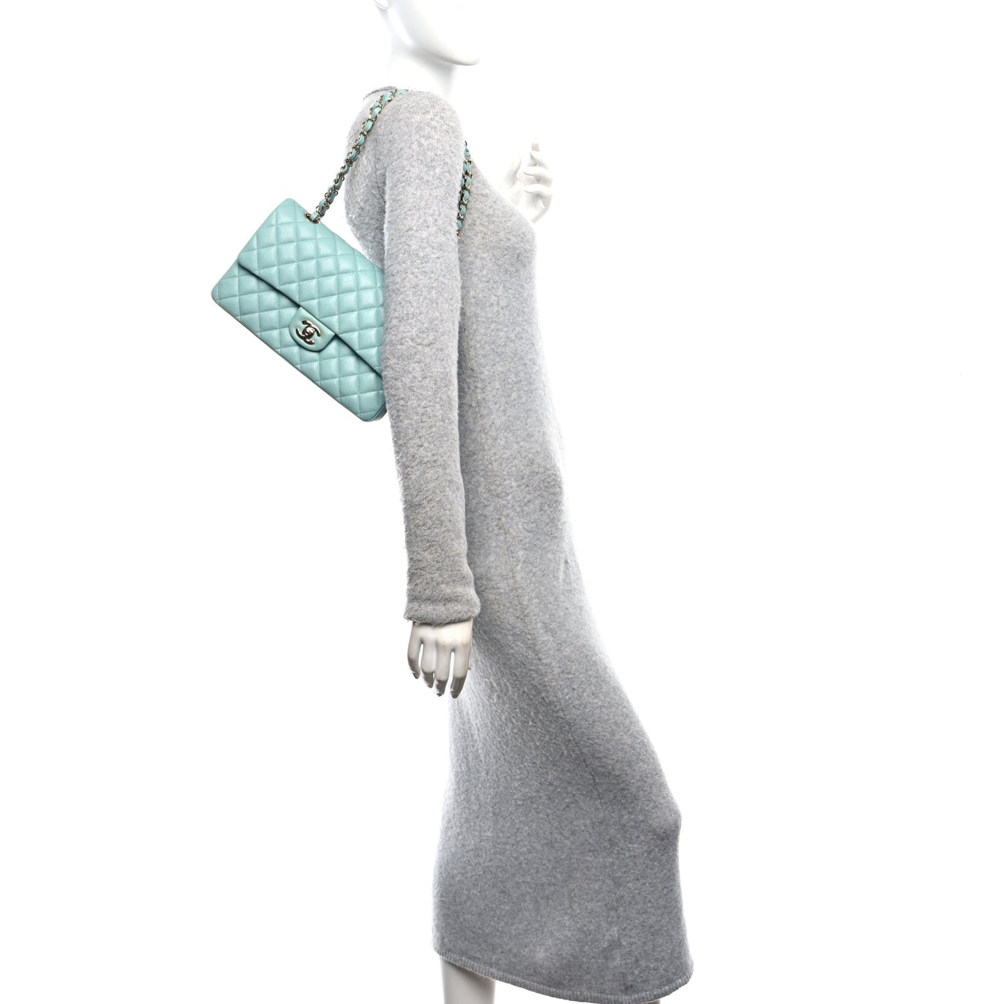 Caviar Quilted Medium Double Flap Light Blue