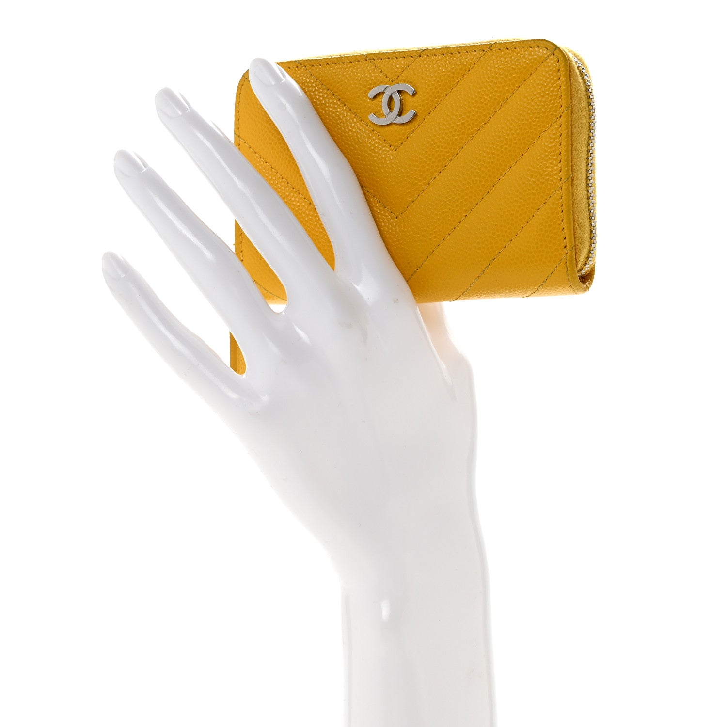 Chanel Caviar Chevron Quilted Zip Coin Purse Yellow 2 of 9
