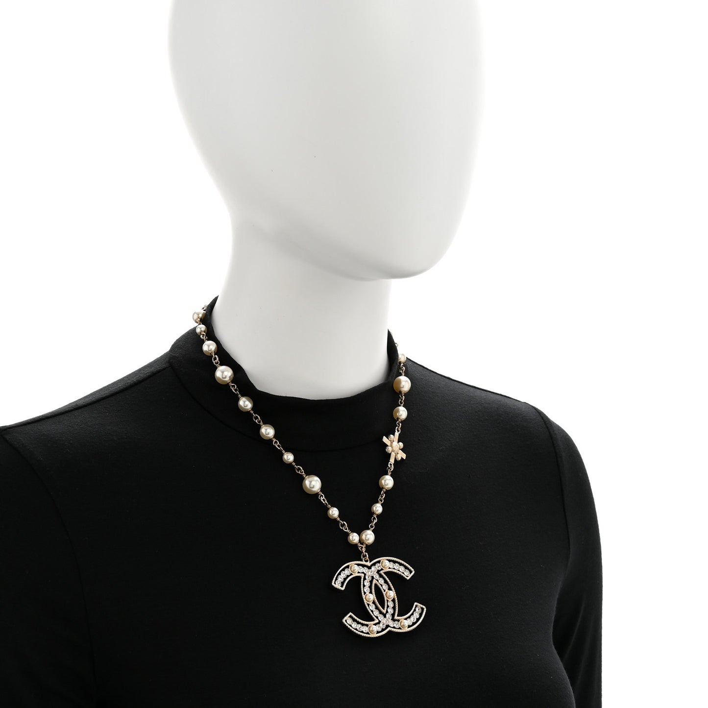 Pearl Crystal Chain CC Necklace Gold White