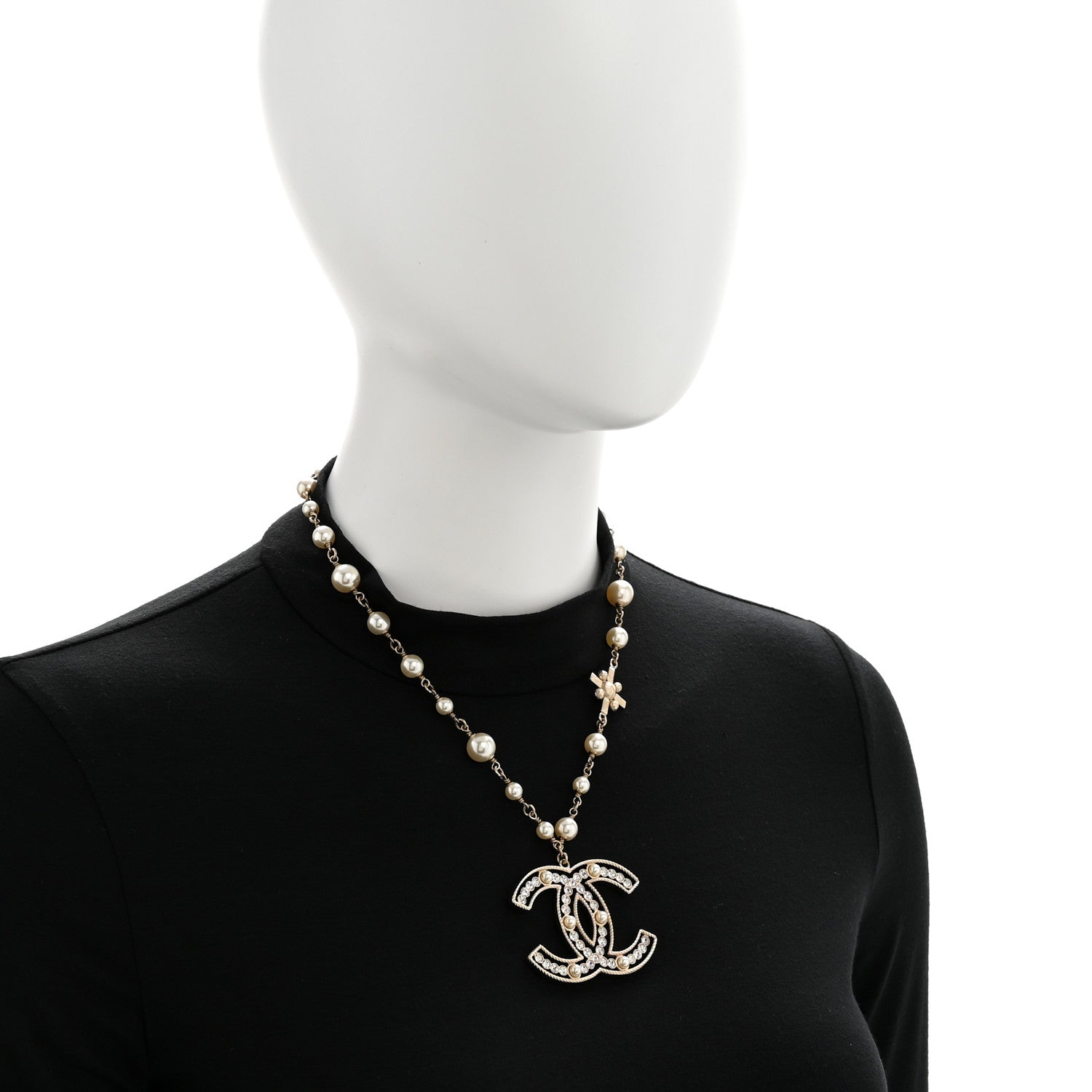 Chanel Pearl Crystal Chain CC Necklace Gold White 2 of 7