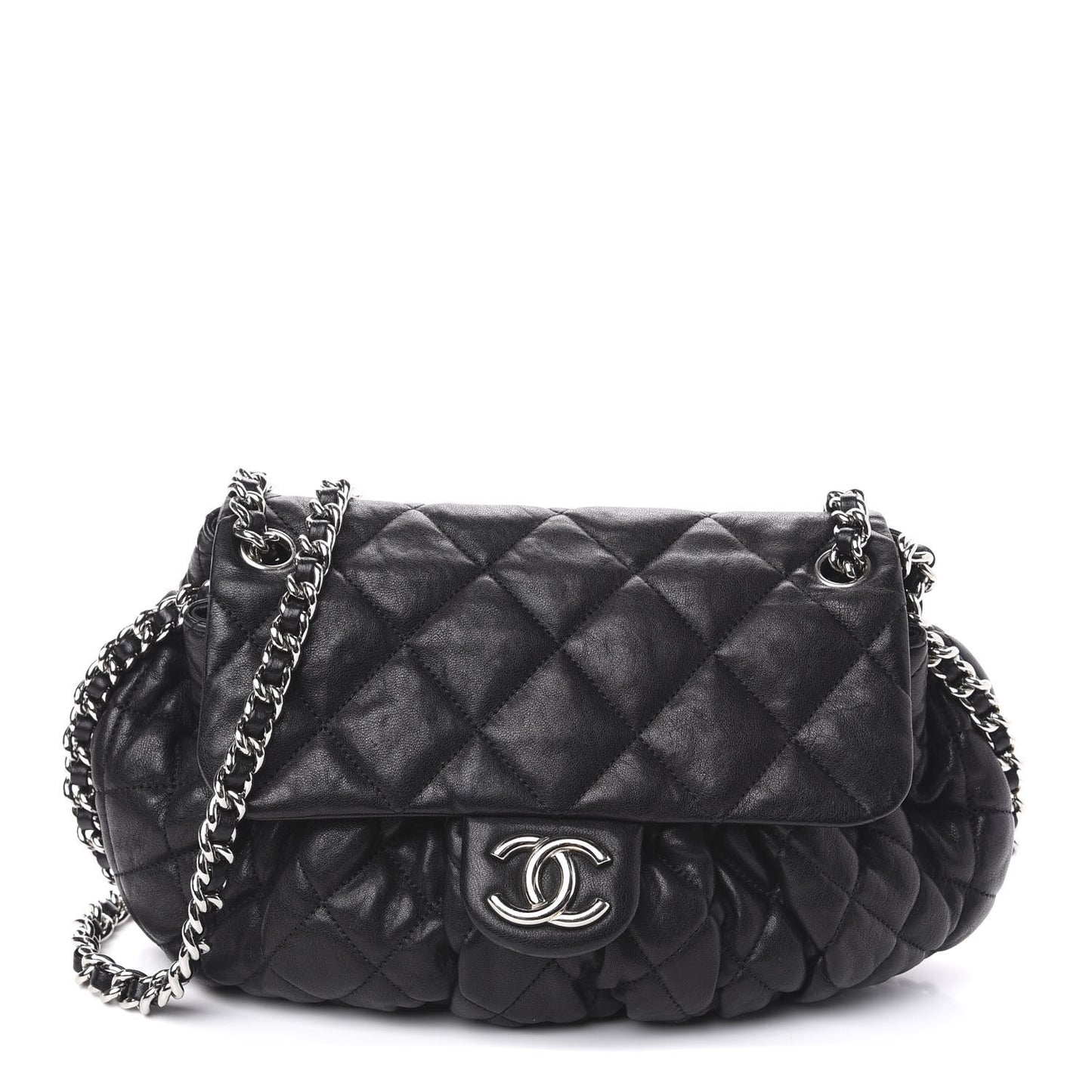Washed Lambskin Quilted Medium Chain Around Messenger Black