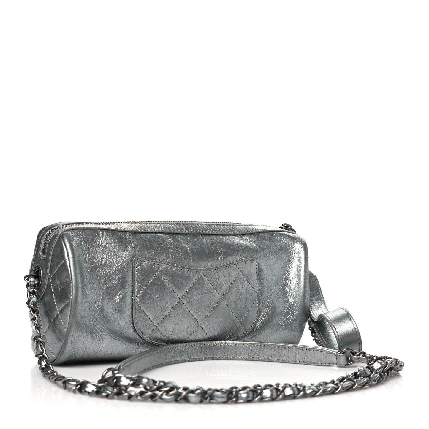 Metallic Crumpled Calfskin Chain 20s Signature Bowling Bag Silver