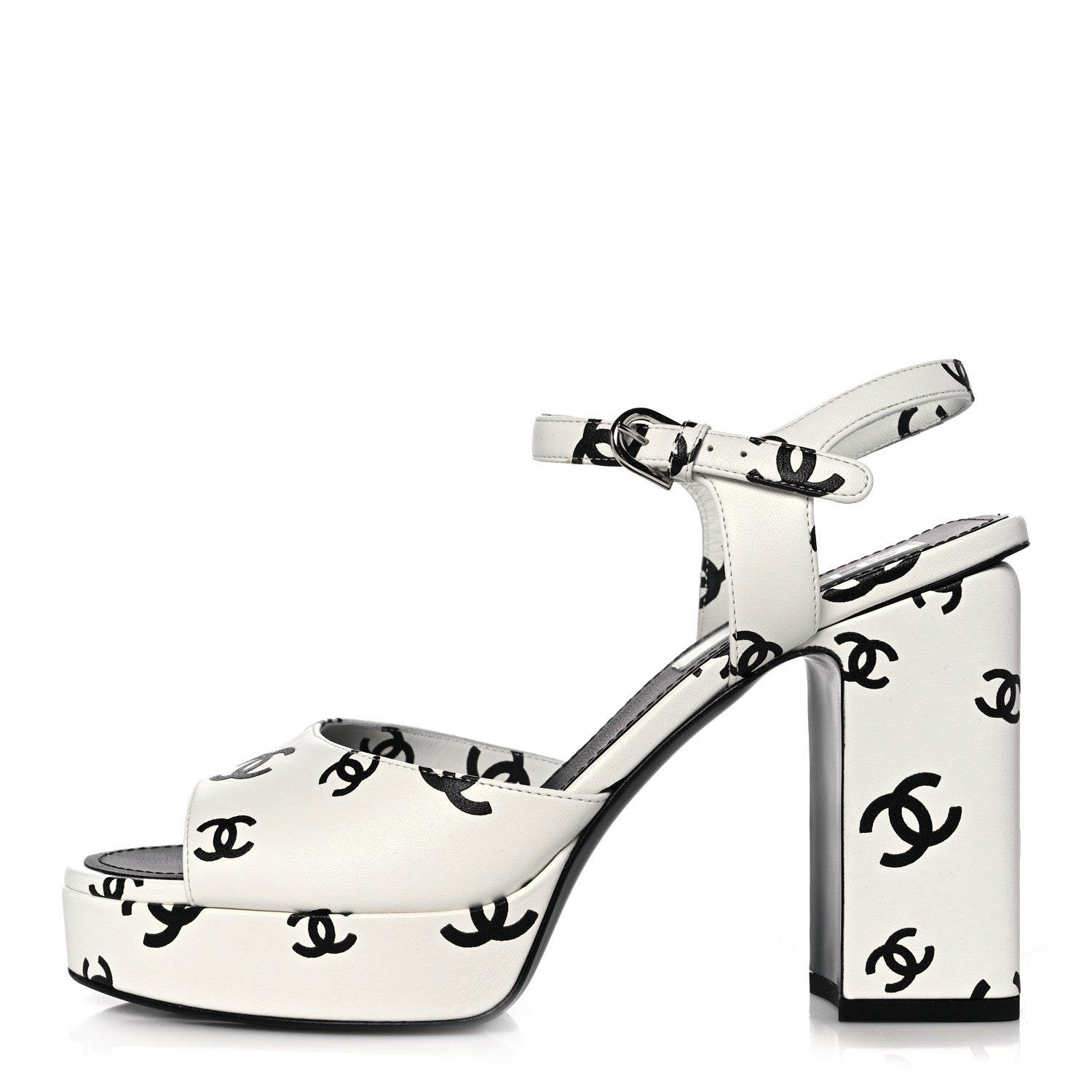 Chanel Printed Lambskin Coco Beach Platform Sandals 39 White Black 1 of 10