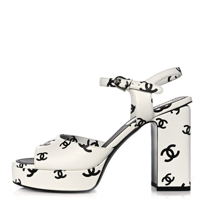 Chanel Printed Lambskin Coco Beach Platform Sandals 39 White Black 1 of 10