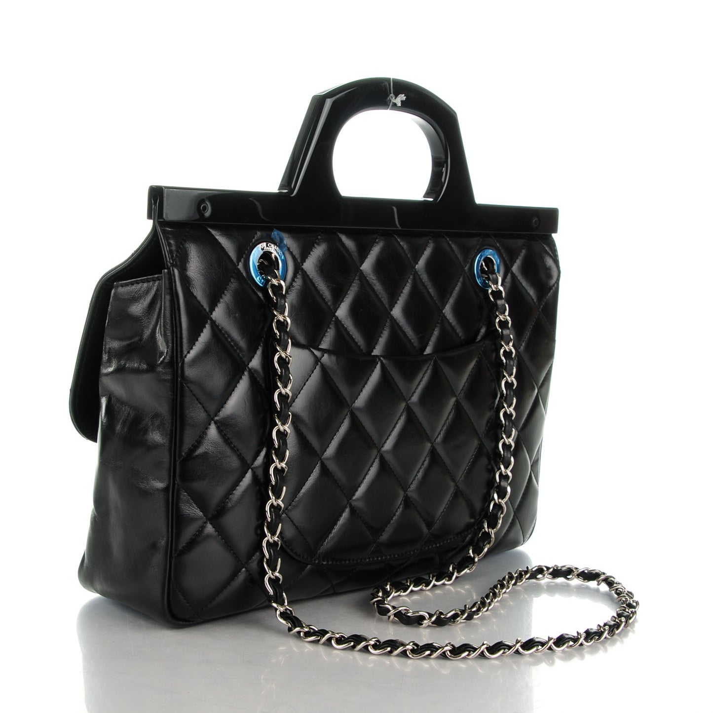 Glazed Calfskin Quilted Small CC Delivery Tote Black