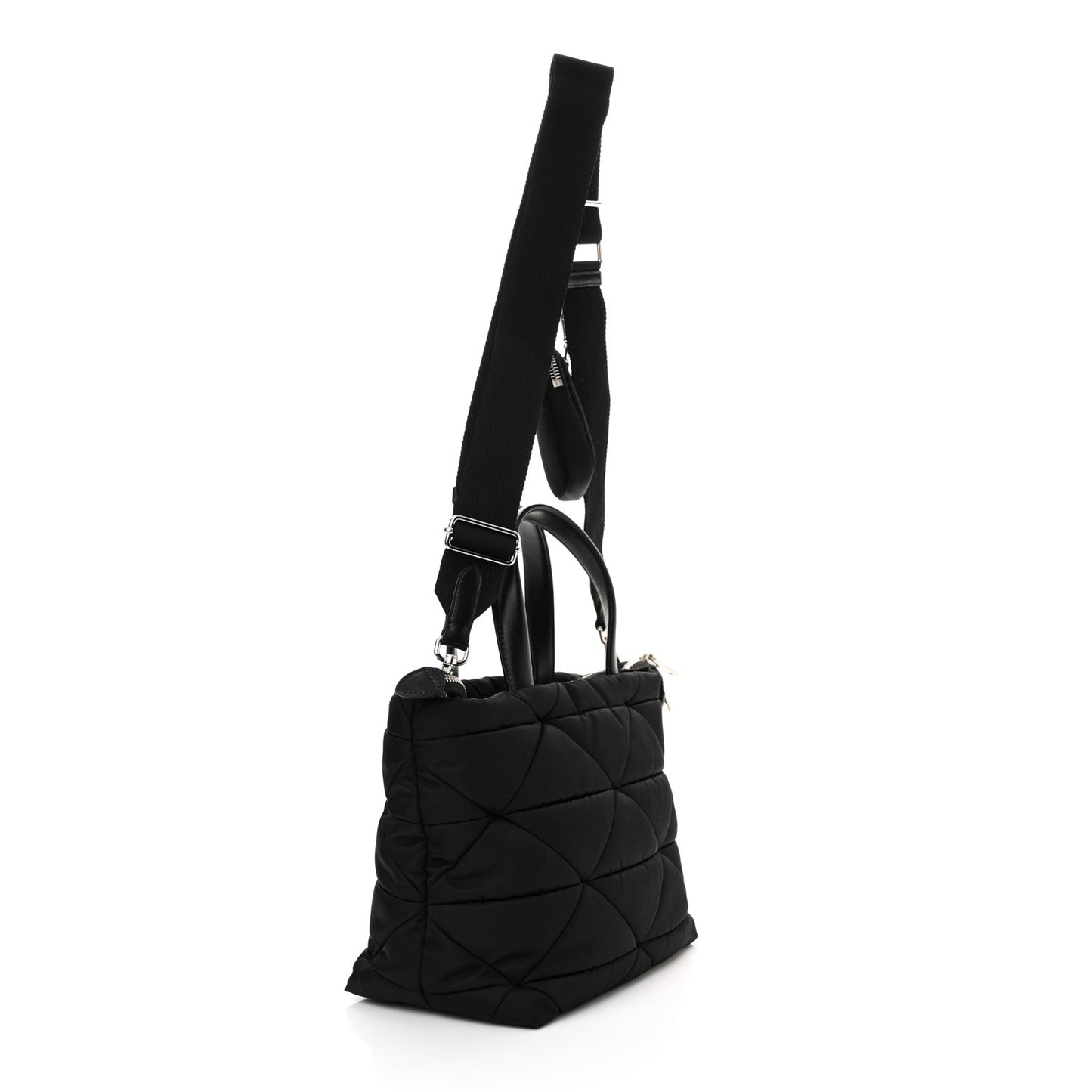 Re-Nylon Nappa Triangle Quilted Padded Double Handled Zip Pocket Tote Black
