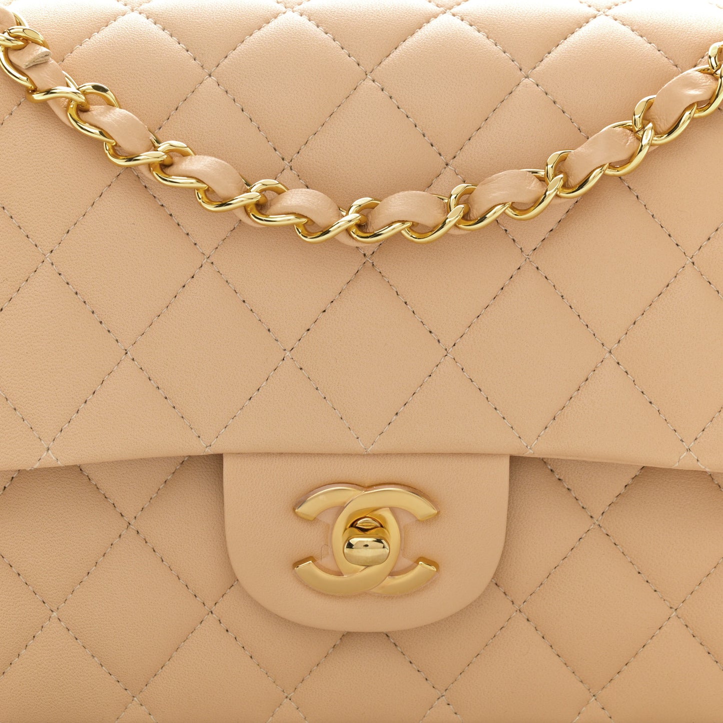 Lambskin Quilted Medium Double Flap Beige