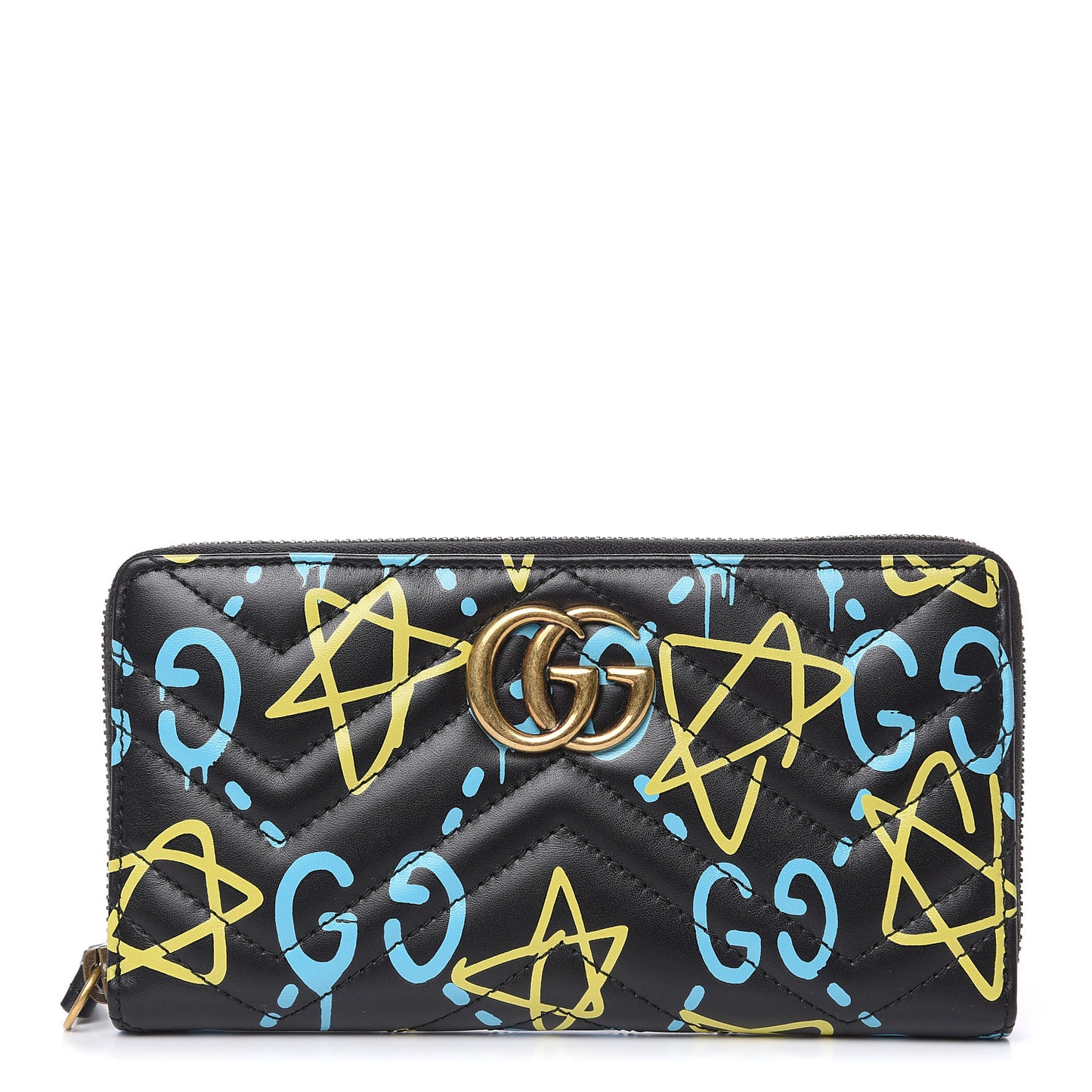 Calfskin Matelasse GucciGhost GG Marmont Zip Around Wallet Black New Acquamarine