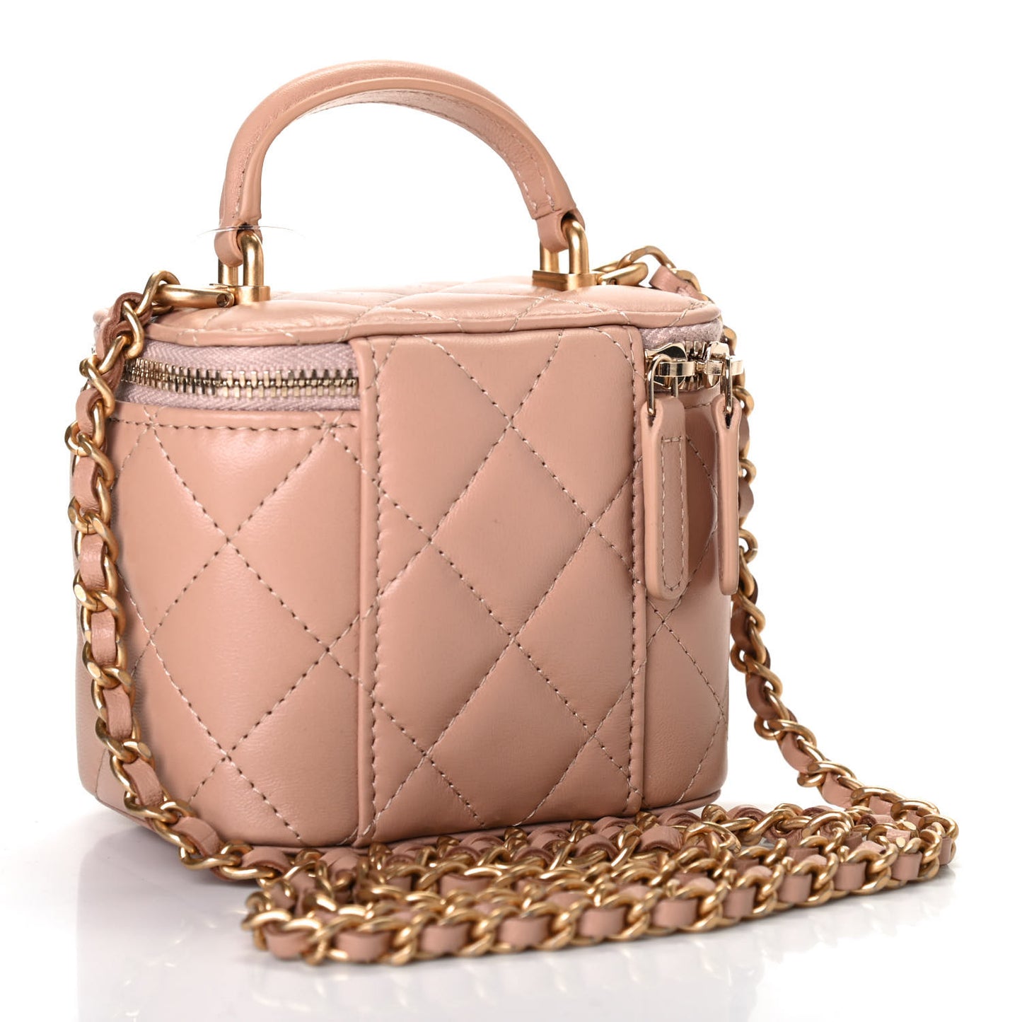 Lambskin Quilted Top Handle Mini Vanity Case With Chain Beige
