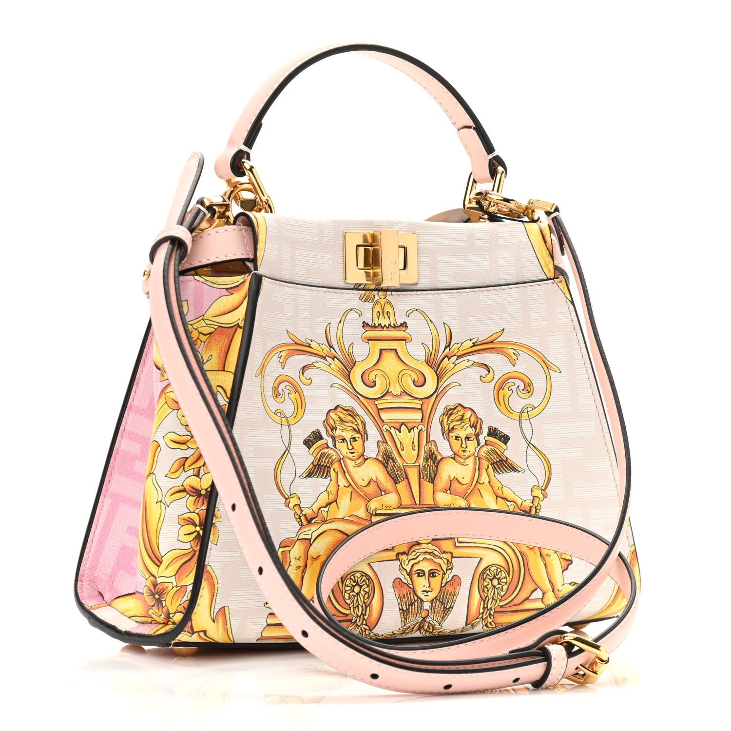Fendi X VERSACE Vitello Seta Nappa Fendace FF Baroque Mini Peekaboo Iconic Satchel Pink Gold 3 of 10