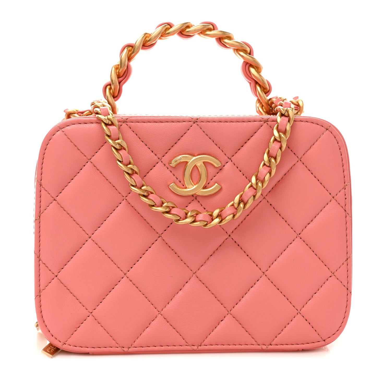 Lambskin Quilted Top Handle Small Vanity Case Pink