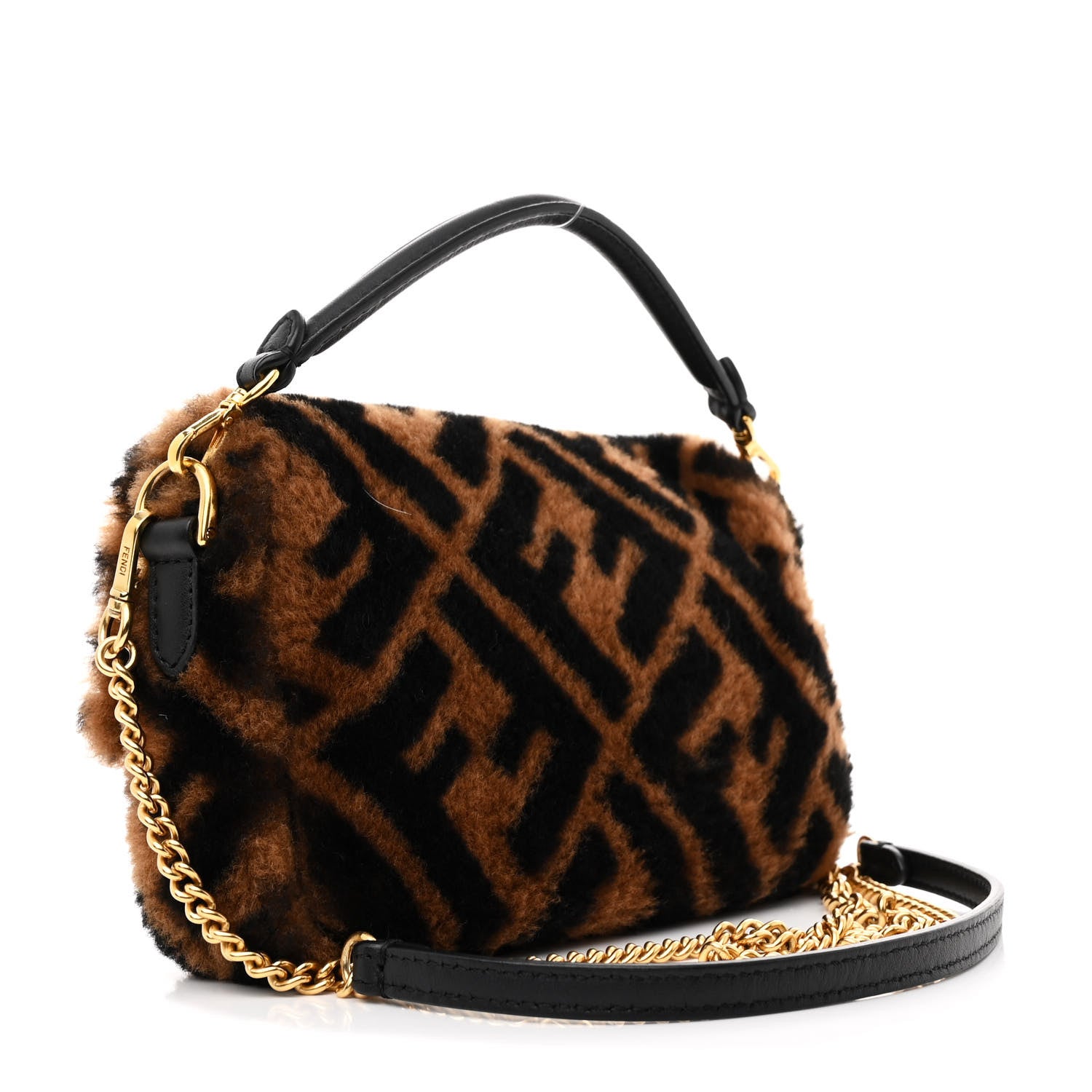 Fendi Shearling Vitello Dolce Macro FF 1974 Mini Baguette Tobacco Black 3 of 11