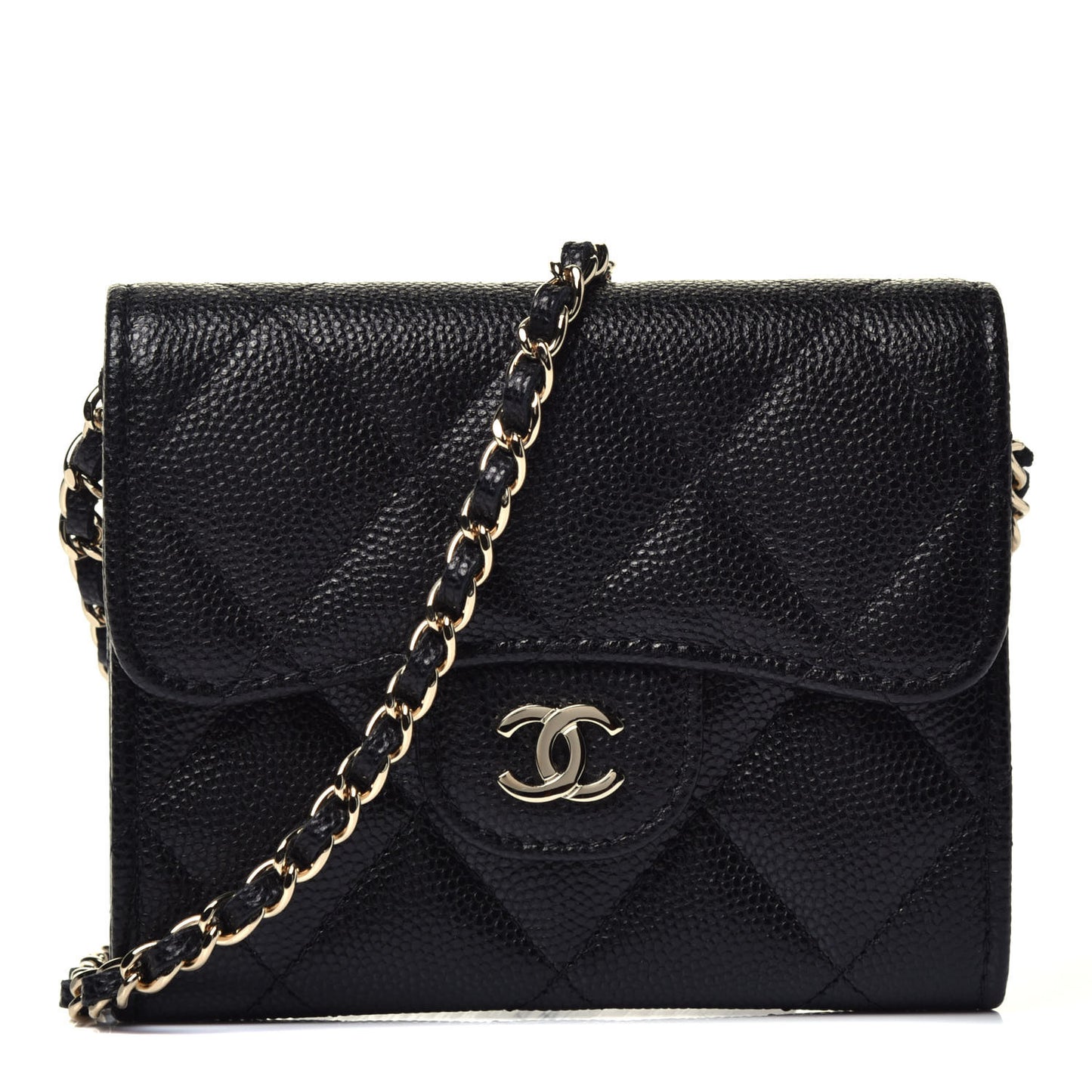 Caviar Quilted Flap Card Holder On Chain Black