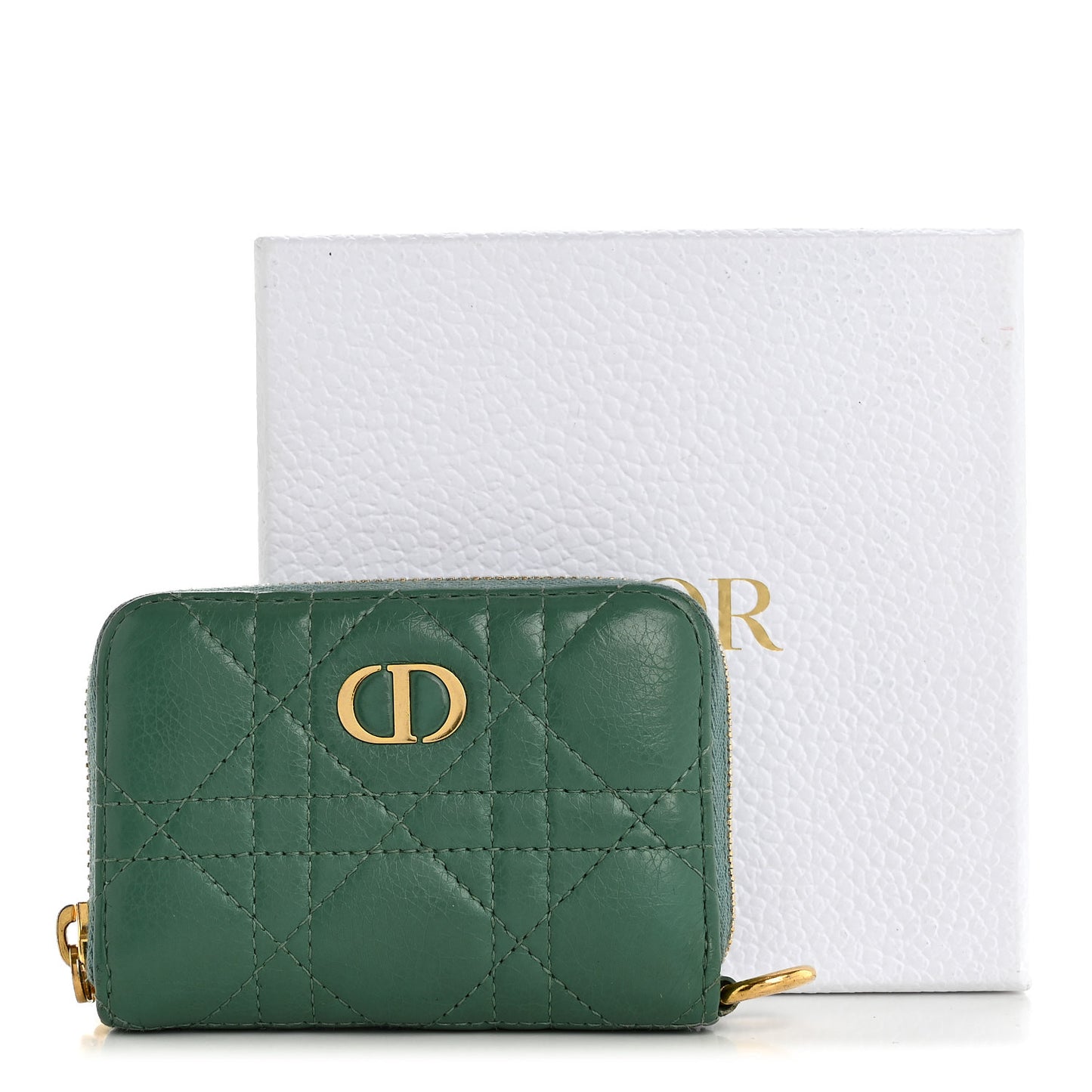 Grained Calfskin Supple Cannage Caro Scarlet Zipped Wallet Vert Tundra