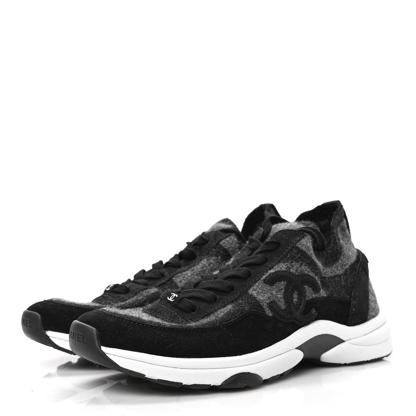 Knit Fabric Suede Calfskin Womens CC Sneakers 39.5 Grey Black