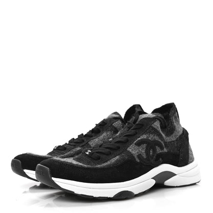 Chanel Knit Fabric Suede Calfskin Womens CC Sneakers 39.5 Grey Black 3 of 7