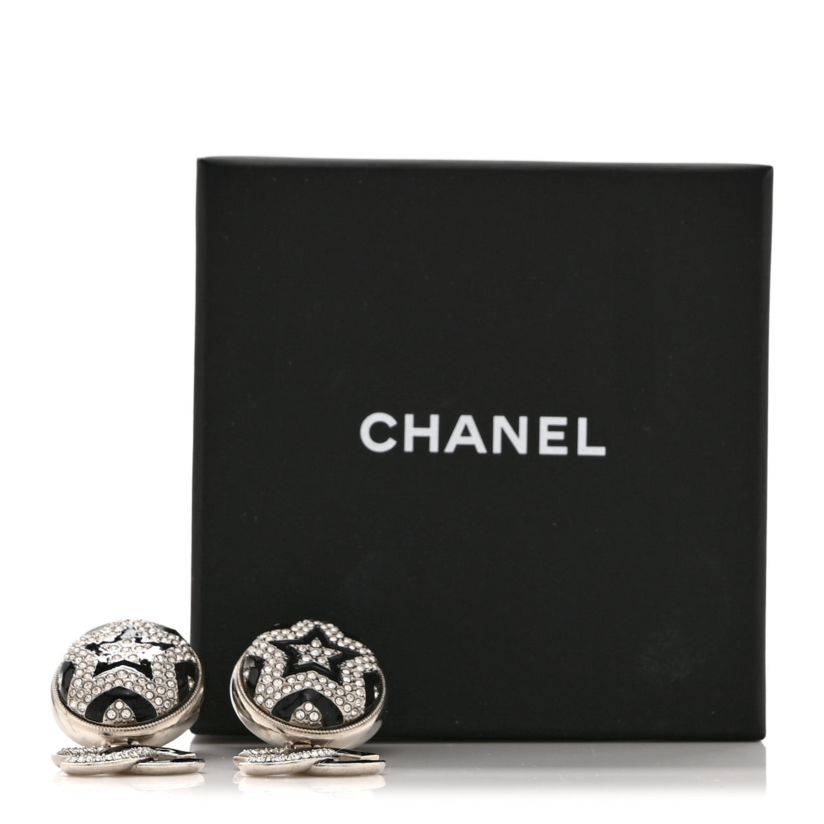 Crystal Enamel CC Star Drop Earrings Silver Black