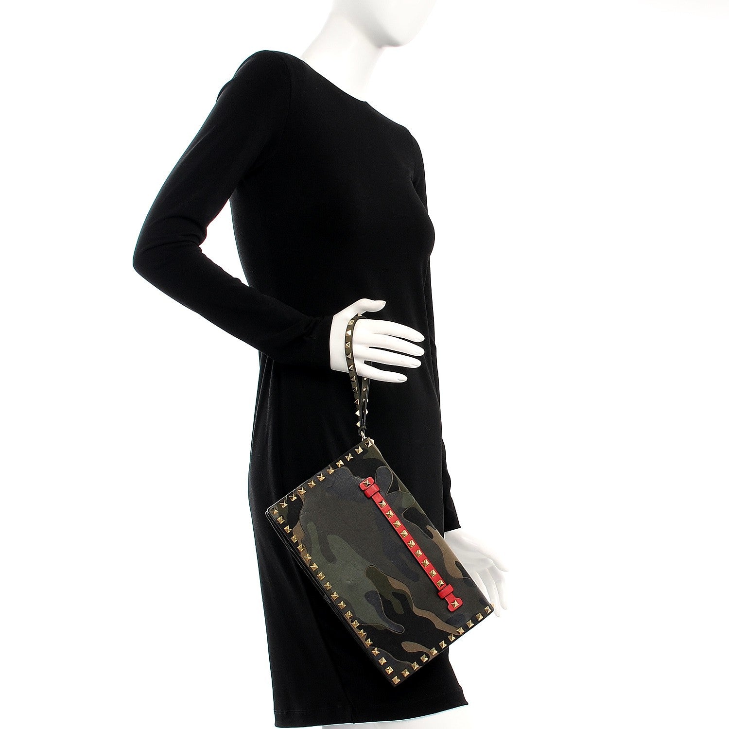 Valentino Garavani Nappa Canvas Camouflage Rockstud Wristlet Clutch Verde Rouge 2 of 10