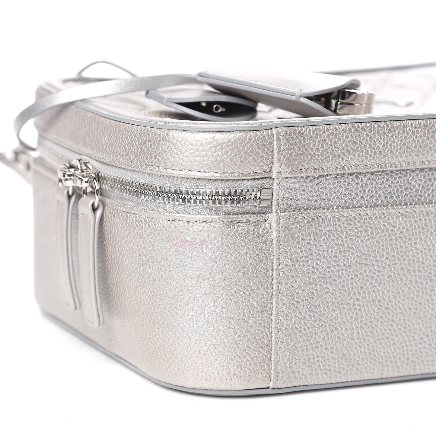 Metallic Caviar Quilted Large CC Filigree Vanity Case Silver