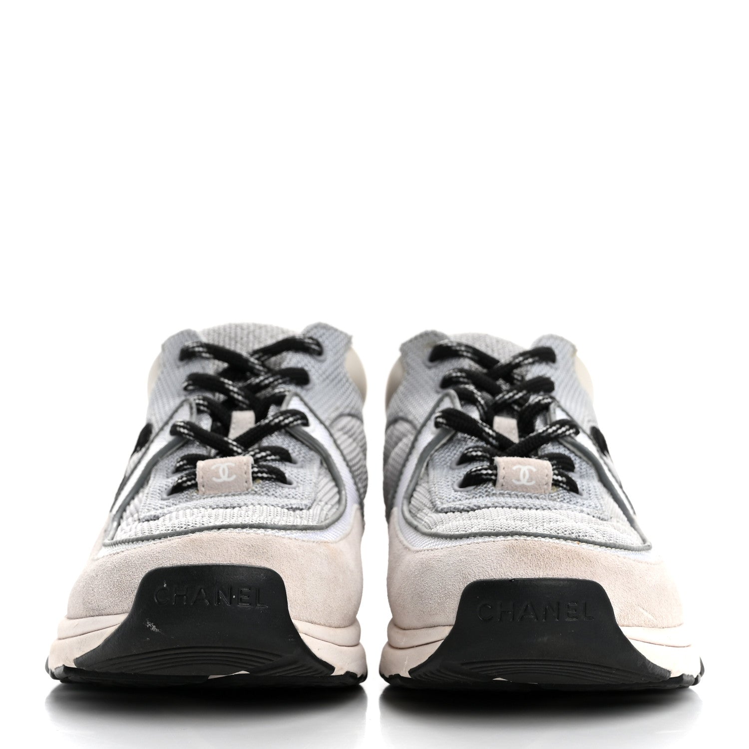 Chanel Mesh Suede Calfskin Grained Calfskin Womens CC Sneakers 38 Grey White 3 of 12
