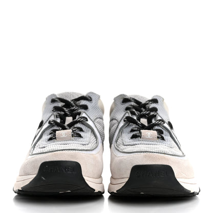 Chanel Mesh Suede Calfskin Grained Calfskin Womens CC Sneakers 38 Grey White 3 of 12