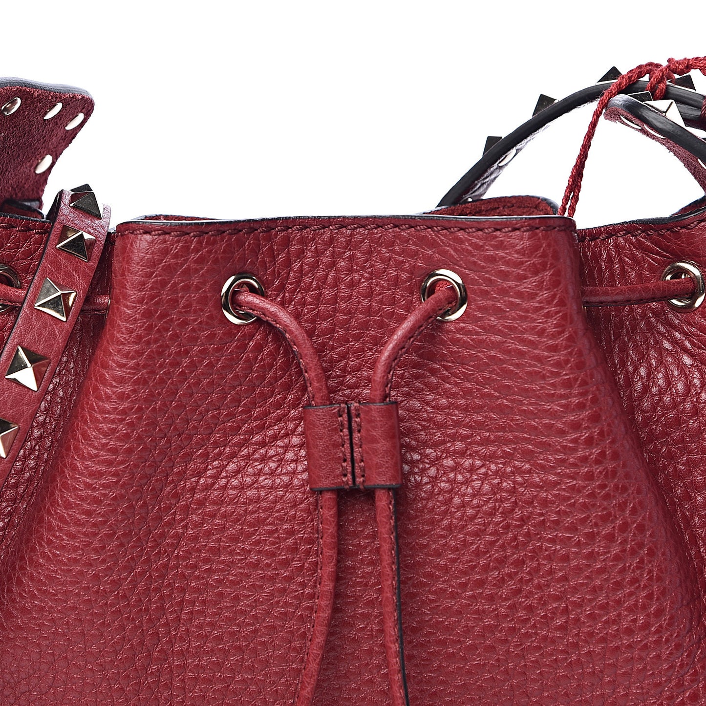 Grained Calfskin Rockstud Bucket Bag Rubino